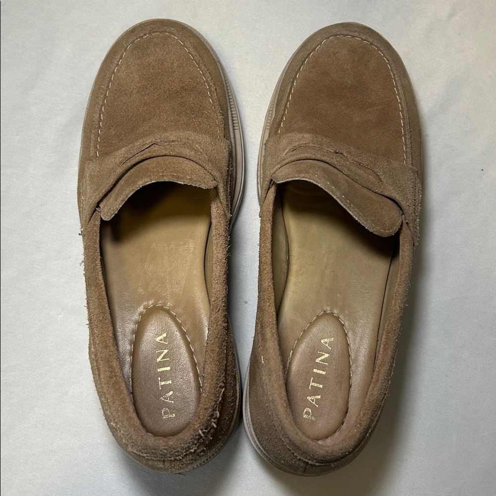 Patina Zoe Suede Slip On Platform Loafers Chunky Tan Round Toe Size 8.5 - Picture 7 of 16